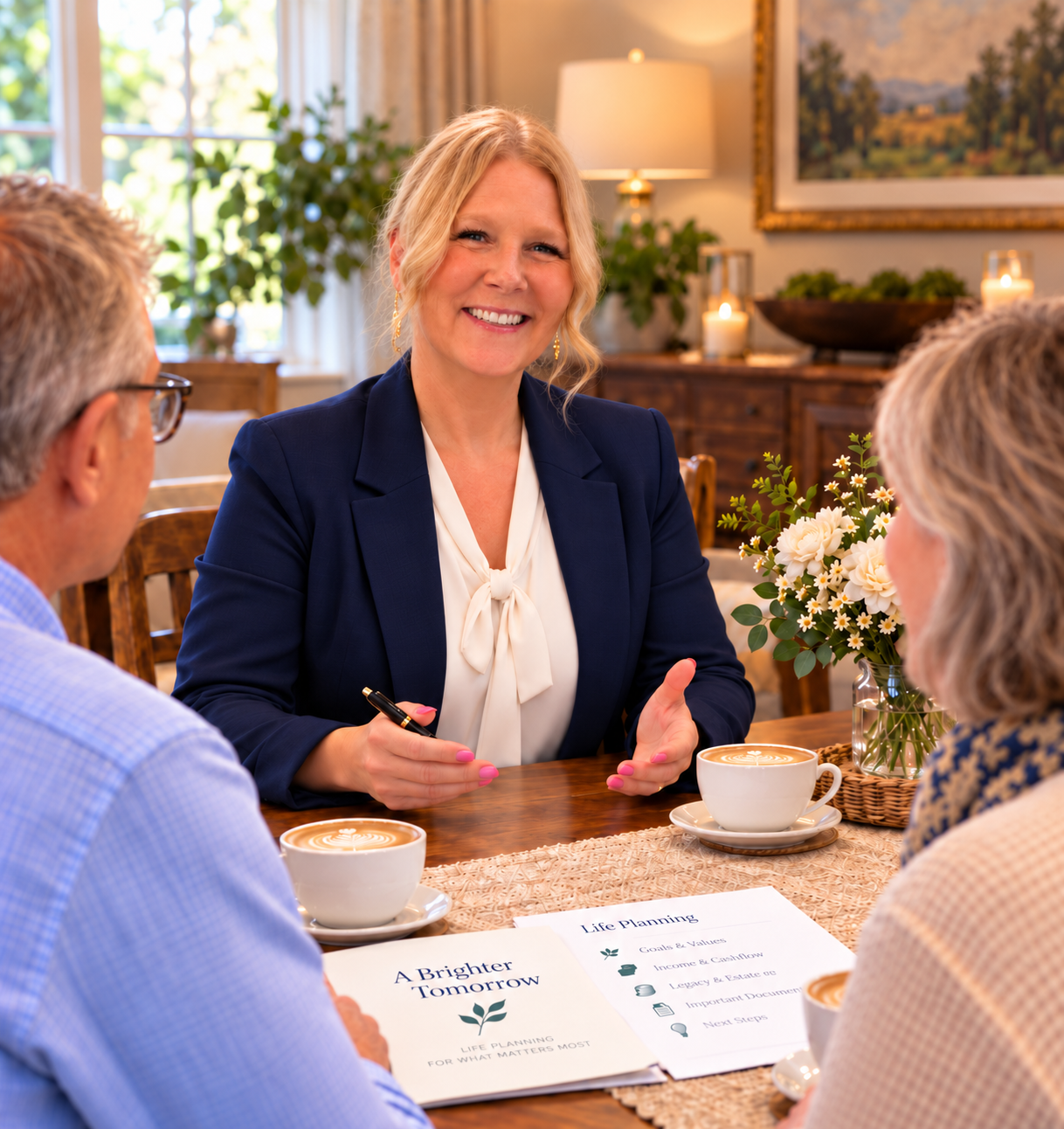 Marcie McGrath Knierim seated at a table with a couple, reviewing life-planning documents over coffee